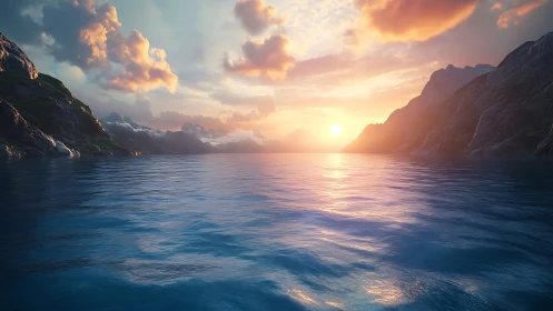 Digital seascape sunset between rocky coastal mountains.