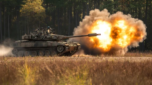 Military Tank Fires with Explosive Power in Forest Training Exercise