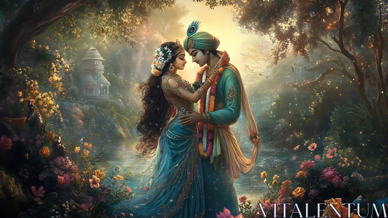 Two figures in ornate period dress embrace within elaborately illuminated garden setting