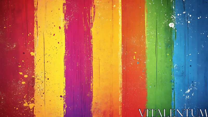 Vertical multicolor paint stripes with splatter effects on wall.