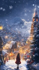 Snowy alpine town glows under deep blue winter night.