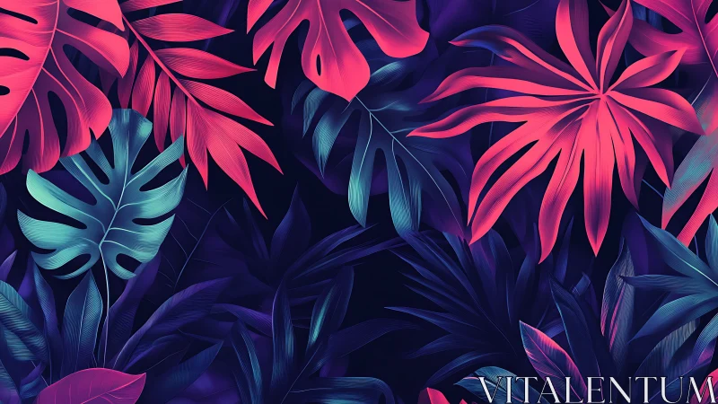 Neon tropical foliage fills frame with layered gradient leaves