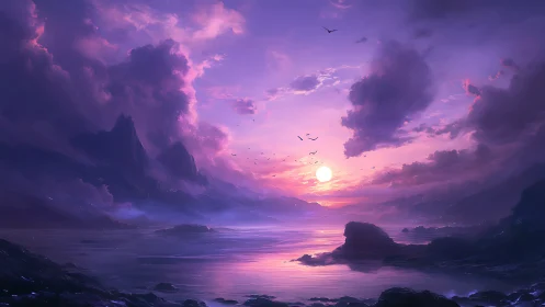 Violet coastal sunset with volumetric clouds and reflective misty sea