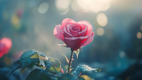 Pink rose with water droplets and blurred background.