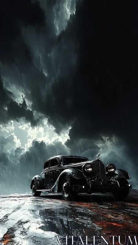 Stormlit vintage coupe under turbulent cumulonimbus sky.