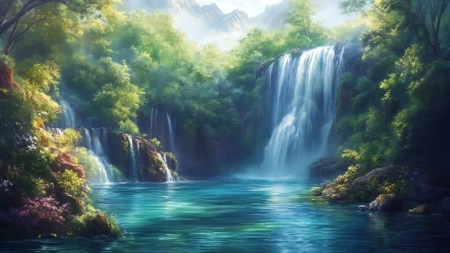 Sunlit forest waterfalls cascade into vivid turquoise pool