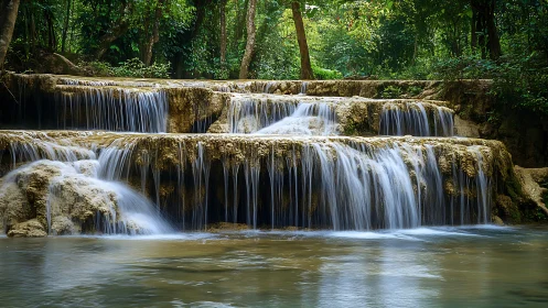 Terraced forest waterfall spilling into a tranquil pool.
