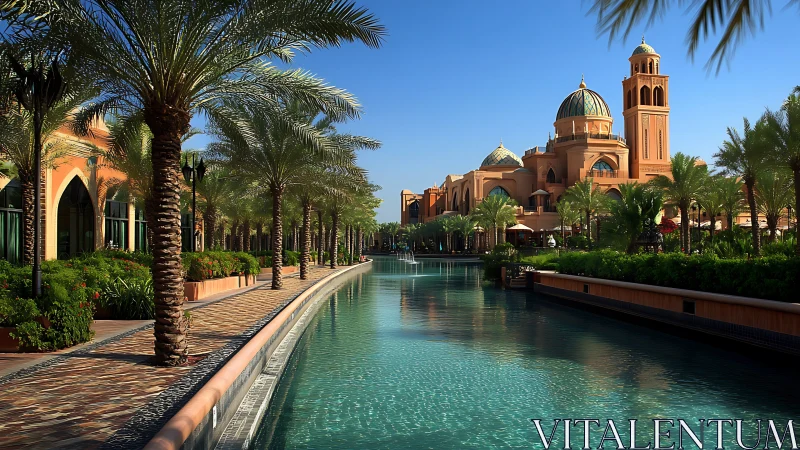Palm-lined desert canal with domed neo-Islamic luxury resort complex