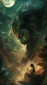 Cosmic deity visage over meditative figure in nebular night