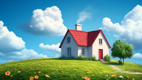 Sunny hillside cottage hums quietly beneath ballooning clouds