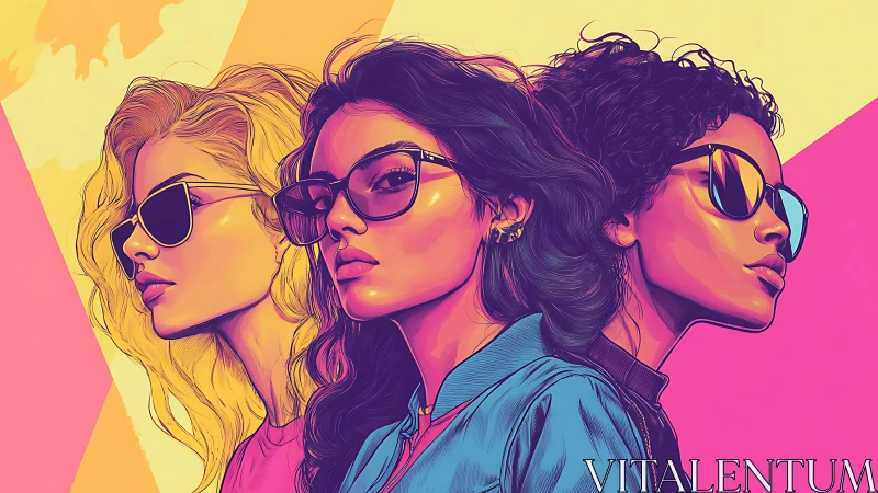 Trio of Stylish Women in Sunglasses, Vibrant Pop Art Portrait.