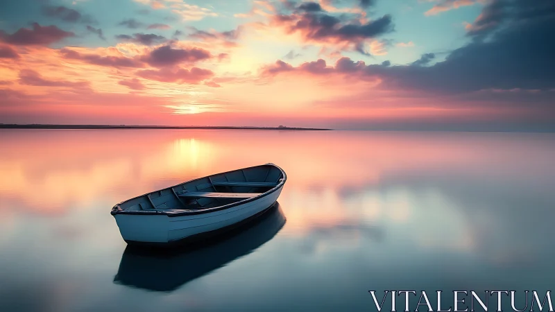 Isolated rowboat on glassy water under high-saturation sunset gradient