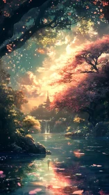 Tranquil forest lake with distant pagoda at sunset light