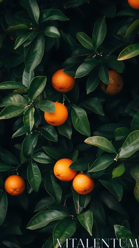 Midnight citrus chorus tucked in deep emerald leaves.