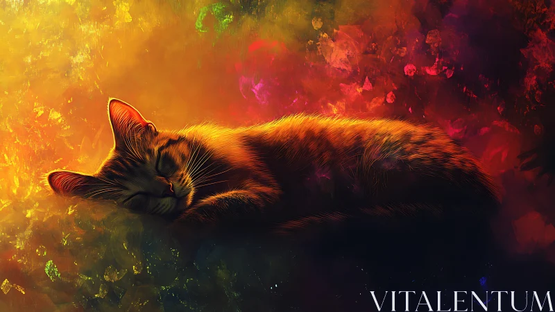 Sleeping Cat in Vibrant Cosmic Firelight.