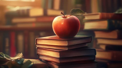 Crimson apple crowns worn library books in golden hush.