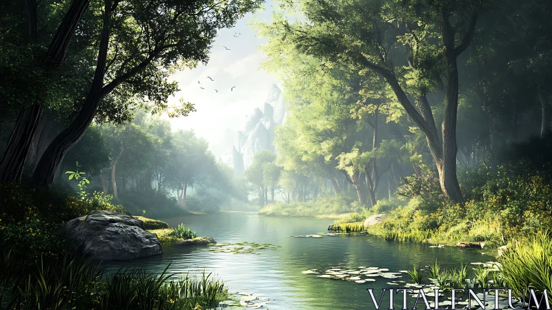 Enchanted Forest River With Towering Cliffs and Golden Sunlight