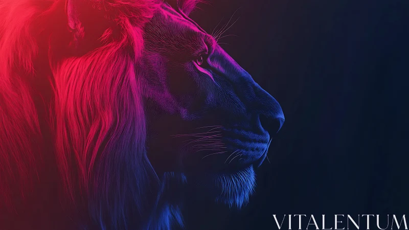 Neon-maned lion king carved from electric twilight glow.