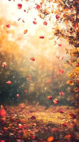 Autumn leaf turbulence in glowing atmospheric backscatter field.