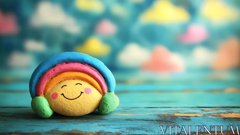 Smiling rainbow pebble under dreamy cotton candy clouds.
