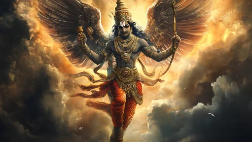 Winged sky guardian cuts through stormlit golden clouds