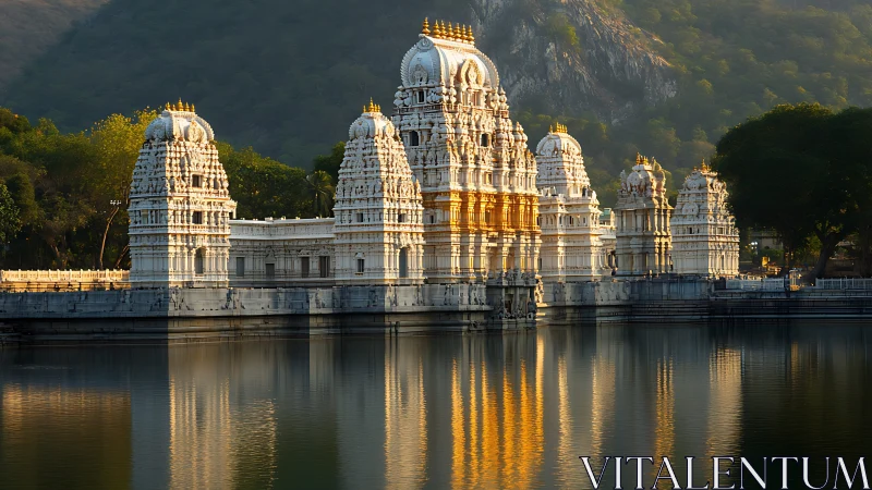 Sunlit Hindu temple gopurams reflected across still lakeside water