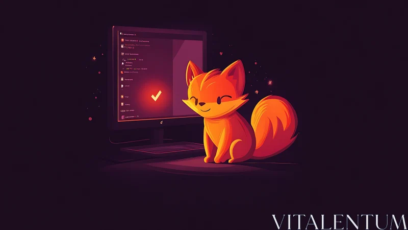 Glowing fox mascot guarding a cozy midnight chat screen.