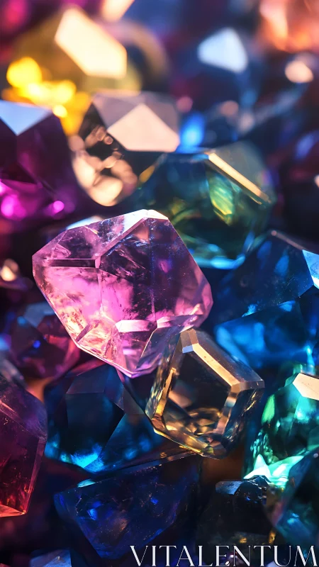 Multicolored faceted gemstones in close-up studio view.