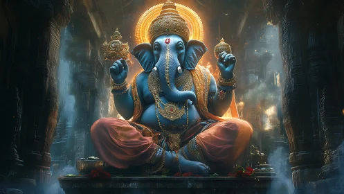 Blue Ganesha deity in ornate temple interior, warm volumetric light.