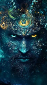 Celestial deity portrait rendered in intricate digital fractals