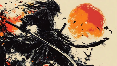 Samurai silhouette cleaves storm beneath blazing crimson sun