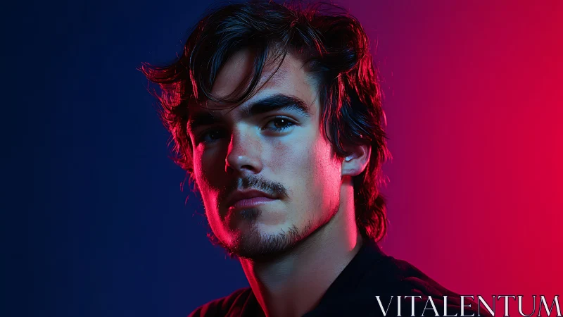 Moody male portrait under blue and magenta split lighting.
