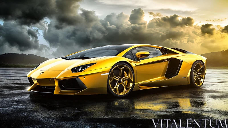 Yellow sports coupe on wet asphalt under cloudy sky.