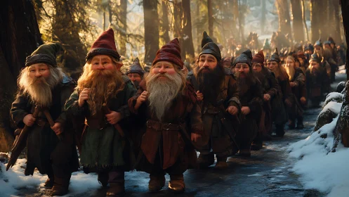 Dwarven figures move in organized formation through winter forest