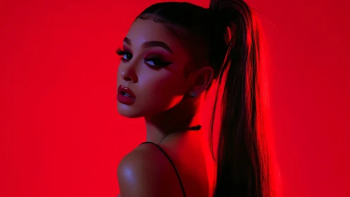 Glossy portrait of woman in red light with high ponytail.