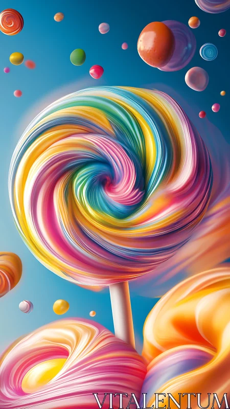 Candy Swirl with Floating Spheres in Blue Sky.