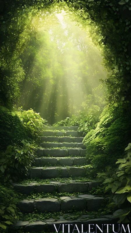 Sunlit forest staircase quietly climbs toward a hidden clearing