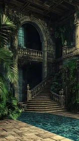 Secret jungle courtyard staircase beside a quiet emerald pool.