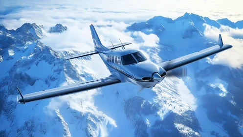 Sleek turboprop aircraft cruising above sunlit alpine range