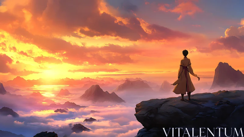 Figure on cliff observing clouded mountain sunrise horizon.