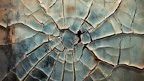 Broken Glass Close-Up with Abstract Cracks in Cool Tones.