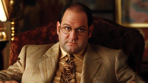 Meticulous portrait of suited man in gilded interior lighting.