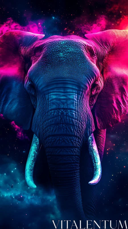 Neon-lit cosmic elephant rendered with high-contrast chromatic lighting