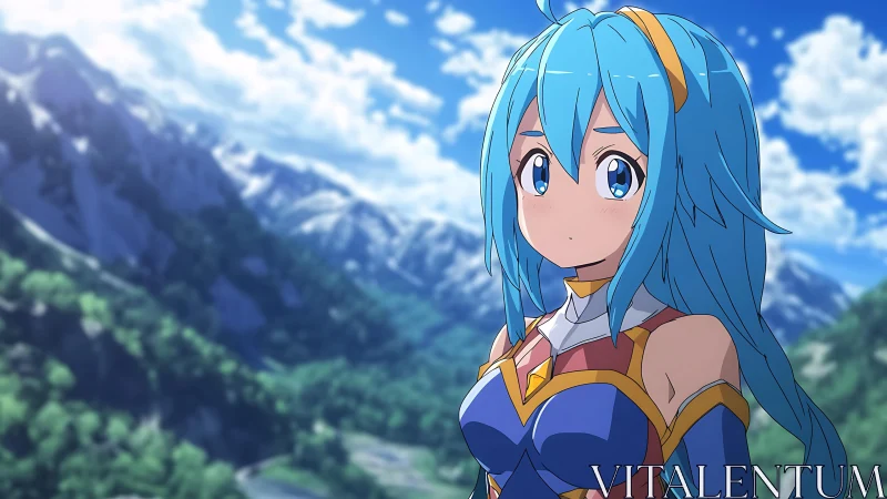 Blue haired warrior gazes over sunlit alpine valley.