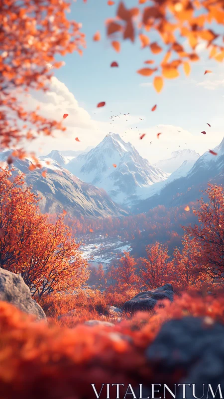 Autumn valley with snowcapped mountain under clear sky.