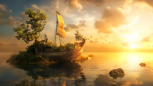 Sailing vessel with golden sails anchored in shallow water at sunset.