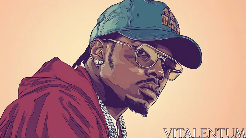 Stylized portrait of man in cap, glasses and red hoodie.