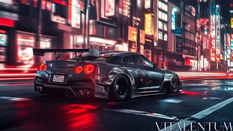 Modified sports car accelerates through neon city street