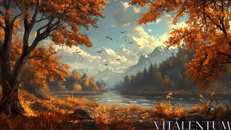 Autumn river landscape framed by trees and distant mountains.