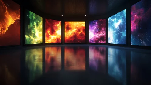 Windows of cosmic color in a quiet reflective gallery.